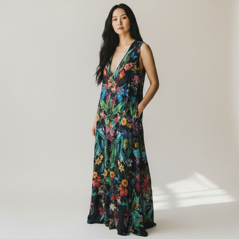 Tropical Floral Wide Leg Jumpsuit Women Black V-Neck Sleeveless Boho XL - Picture 12 of 12